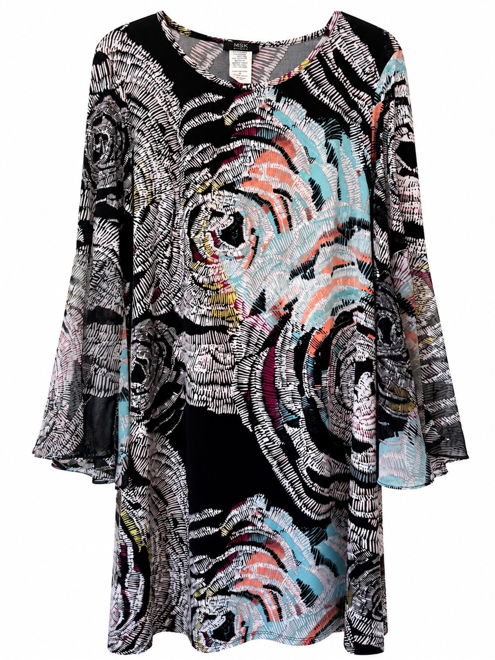 MSK black multicolor swirl bell sleeve shift dress size 1X
